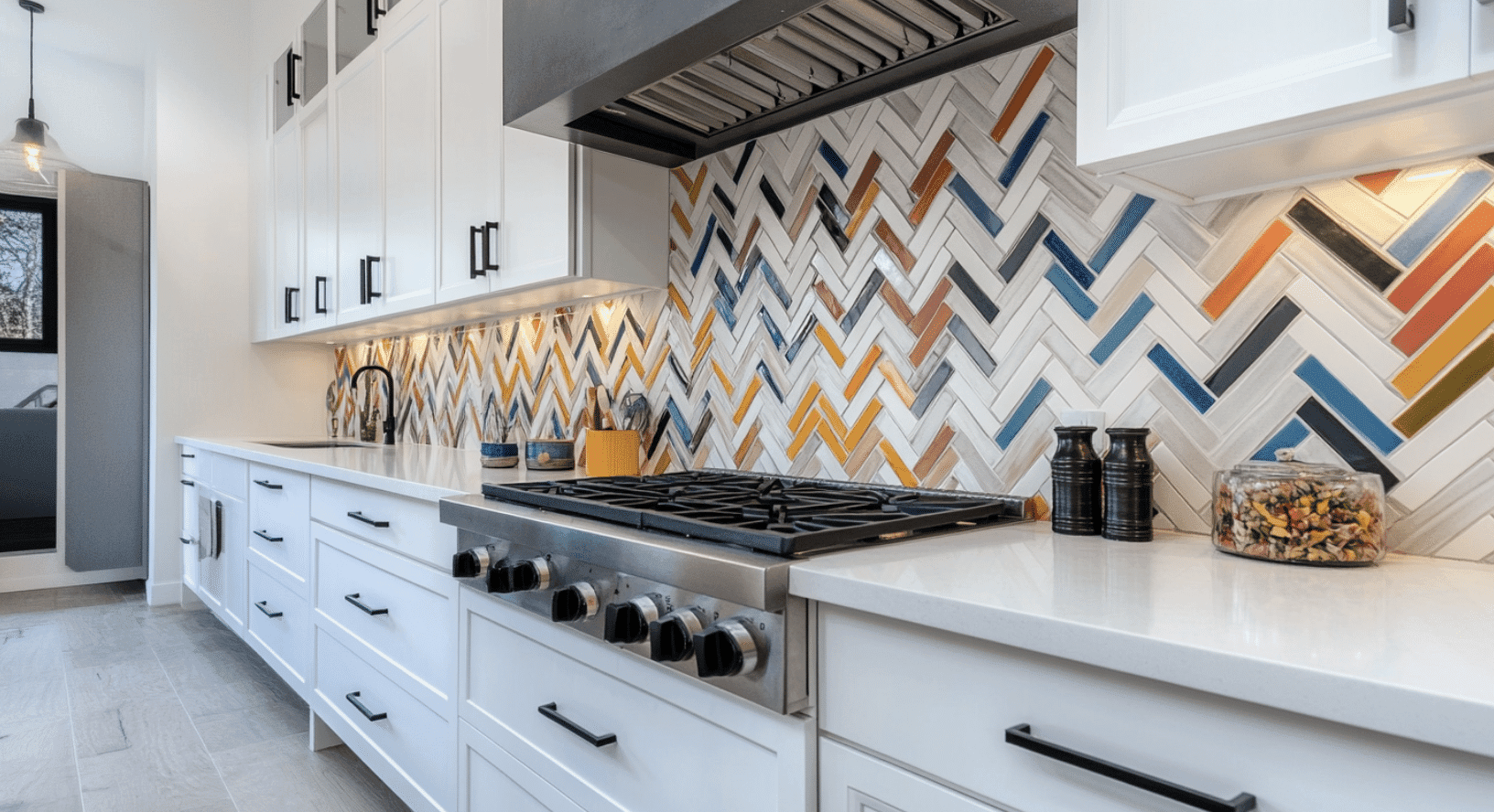 Multicolored_Chevron_Tile_Backsplash_with_Gray_Range_Hood